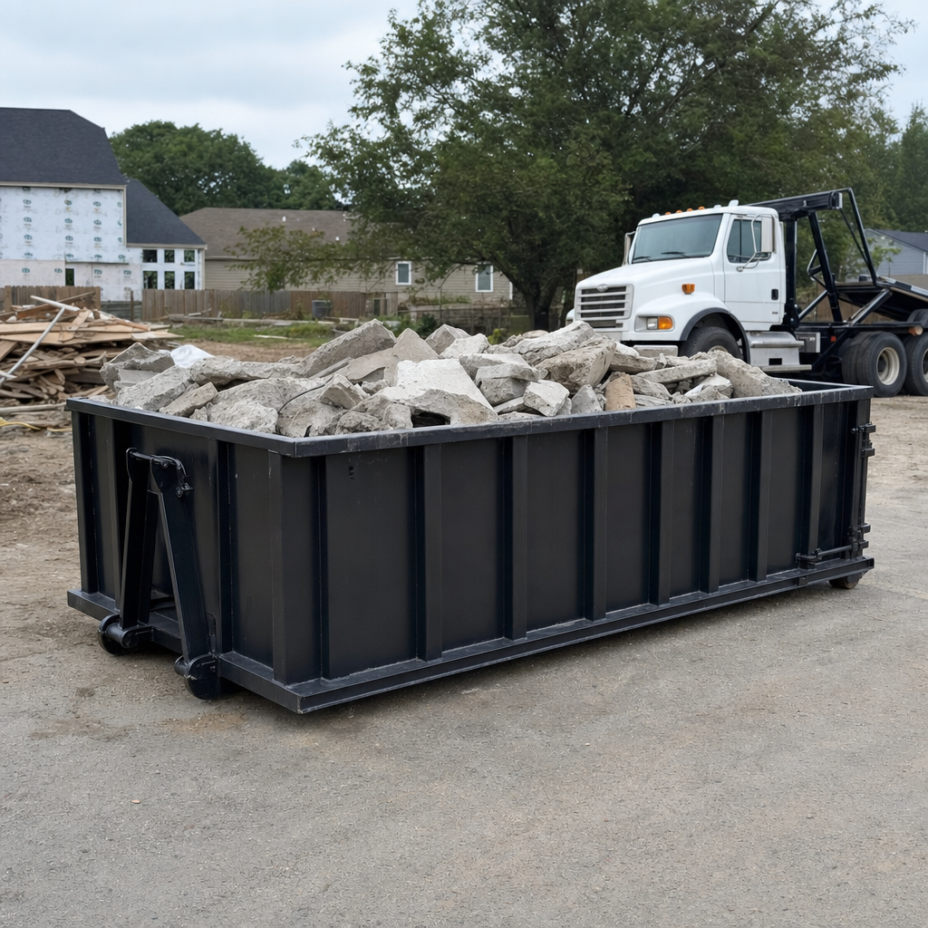Low-profile matte-black lowboy roll-off dumpster loaded with broken concrete slab and rebar at a foundation tear-out in Niceville, skid steer parked beside it, sunny Colorado morning