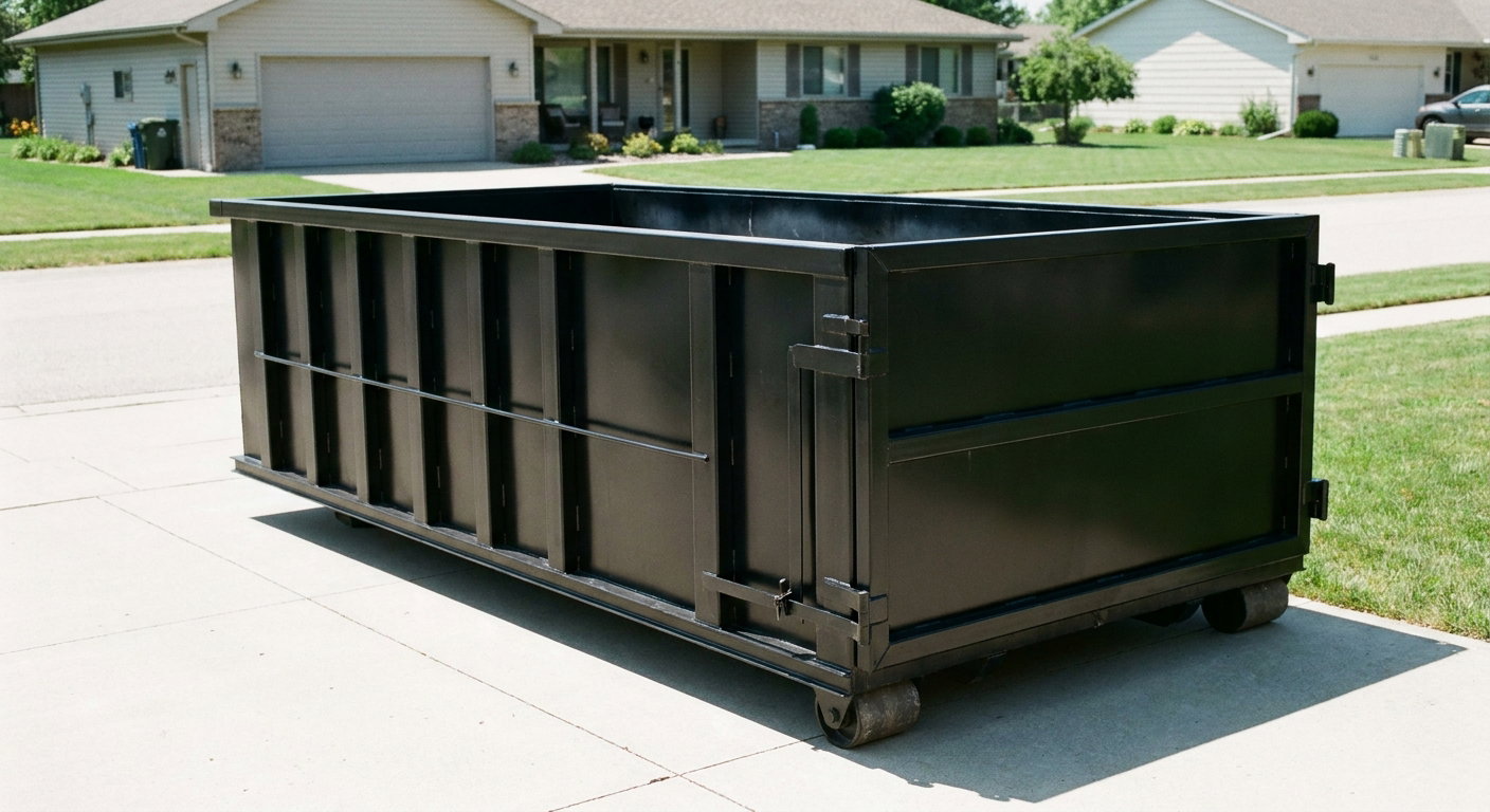 Matte-black 10-yard roll-off dumpster on a residential concrete driveway in Niceville, uniformly painted matte black across every panel and rail, ribbed steel sidewalls and rear swing door visible, mid-day daylight.