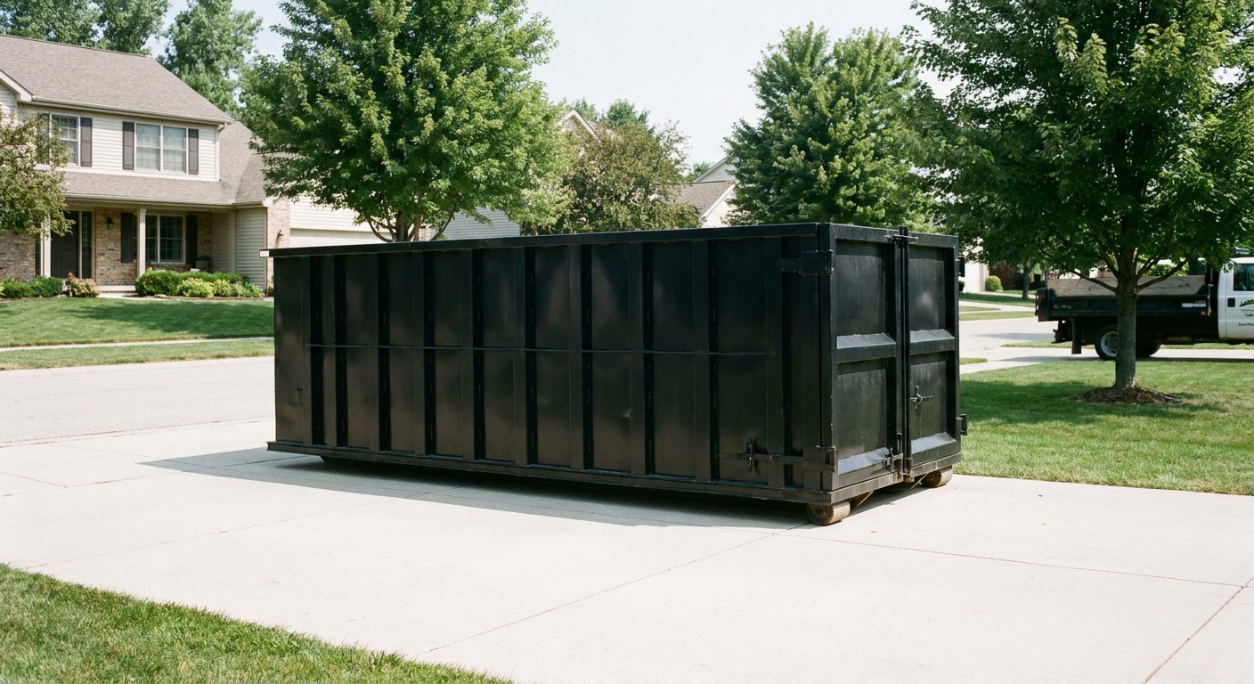 Matte-black 20-yard roll-off dumpster sitting level on a clean Niceville residential concrete driveway under bright daylight, demonstrating clean placement directly on the concrete.