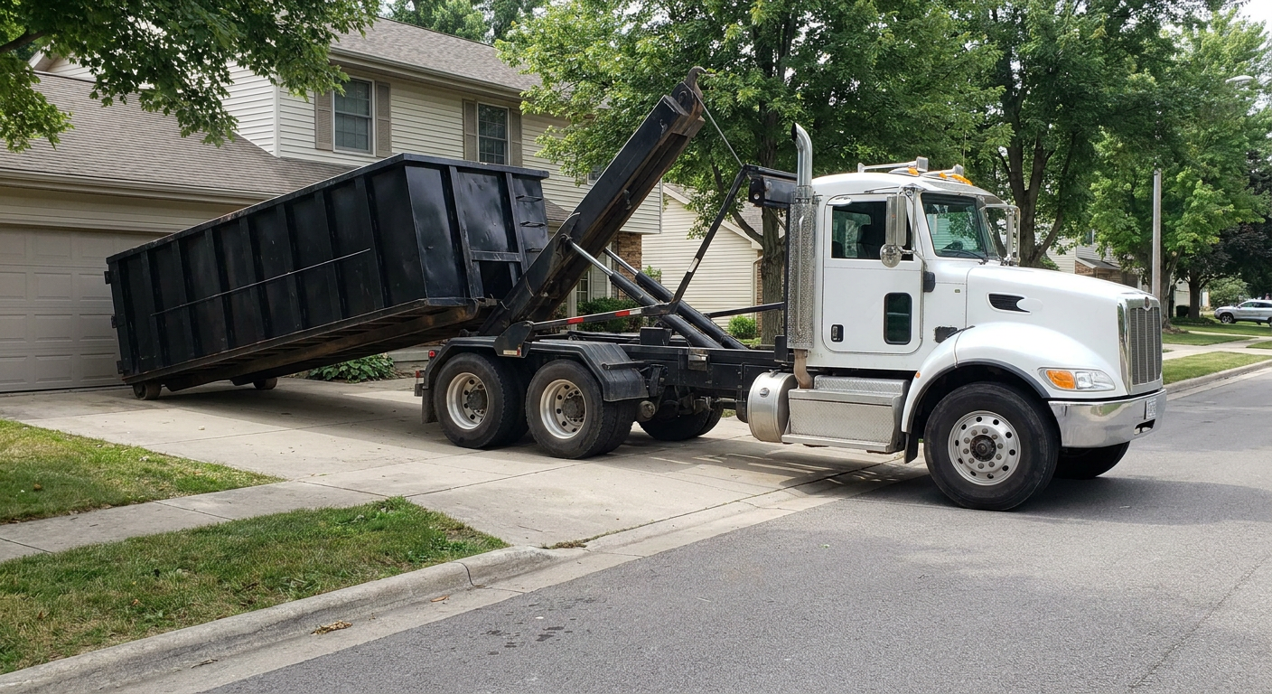 White-cab hooklift roll-off truck actively lowering a matte-black dumpster onto a Niceville residential concrete driveway, the dumpster's rear wheels touching the driveway as the hoist arm tilts the bed forward, mid-morning daylight.