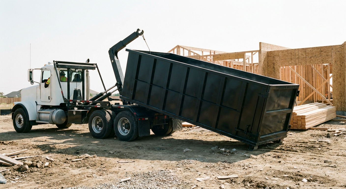 Matte-black roll-off dumpster being delivered onto a clean residential concrete driveway in Niceville by an unmarked white hooklift hauler truck, bright morning daylight, documentary 35mm perspective.