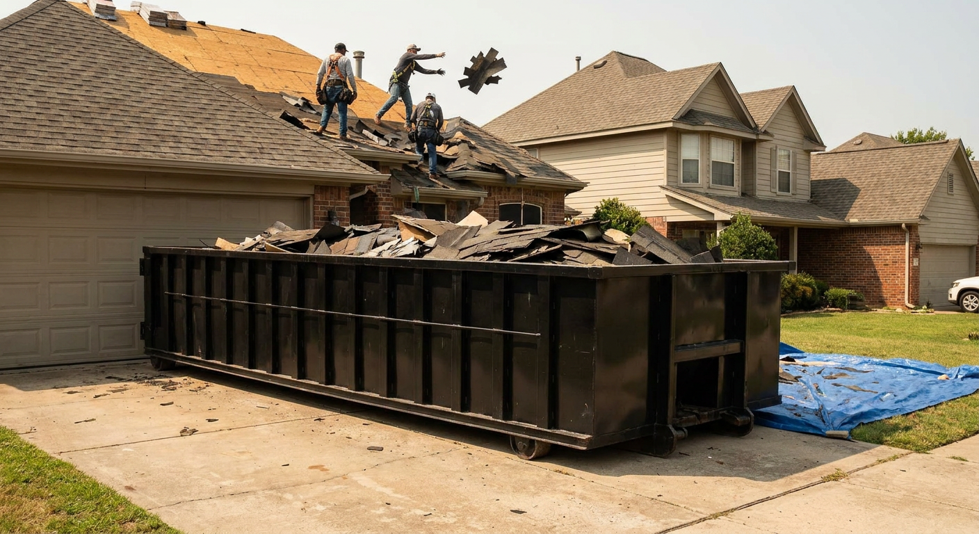 Matte-black roofing roll-off dumpster placed directly on a Niceville residential concrete driveway, a tear-off crew on a two-story asphalt-shingle roof tossing shingle bundles into the low-walled container, bright daylight, documentary 35mm perspective.