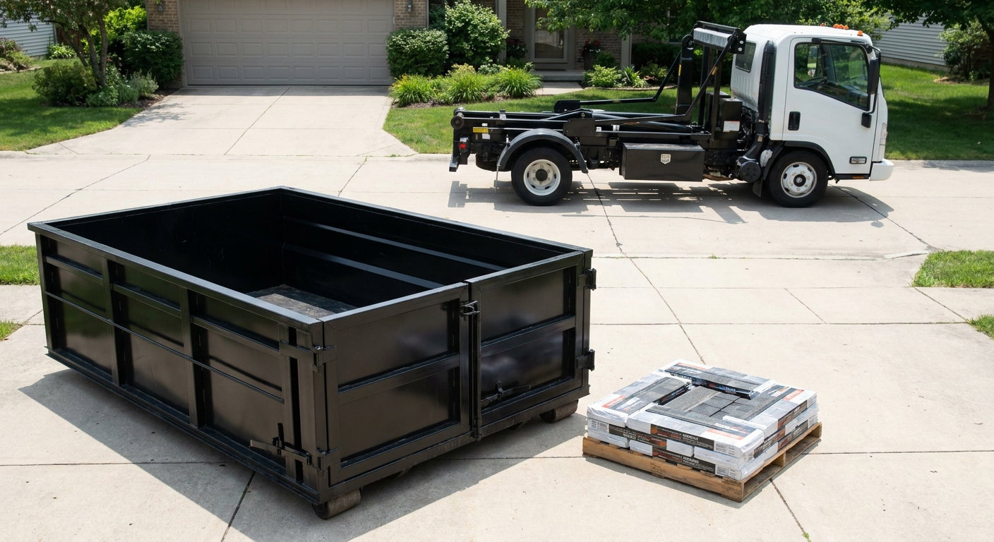 Matte-black 15-yard roofing roll-off dumpster with reinforced low side walls sitting directly on a Niceville residential concrete driveway, three-tab asphalt shingle bundles stacked nearby, an unmarked white hauler truck partially visible at the edge of the frame.