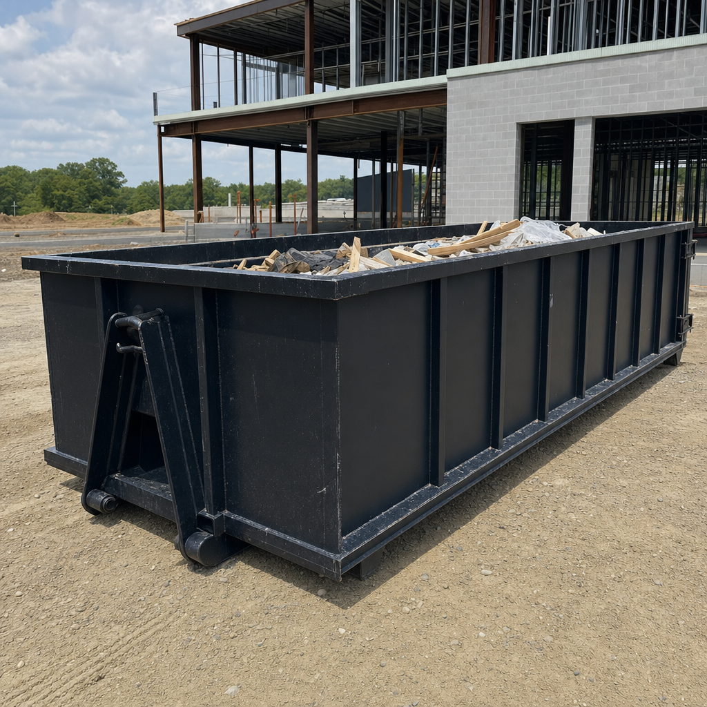 A matte-black 40-yard roll-off dumpster staged on a large Niceville commercial construction lot, with a hooklift delivery truck parked alongside under bright midday sky.