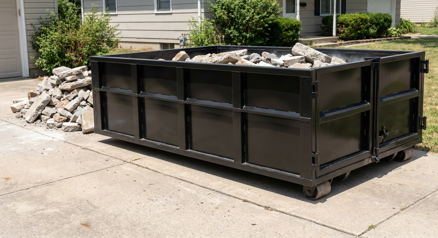 A matte-black low-side heavy-debris roll-off dumpster placed directly on a Niceville concrete driveway, with broken concrete chunks neatly stacked beside it under clean daylight.