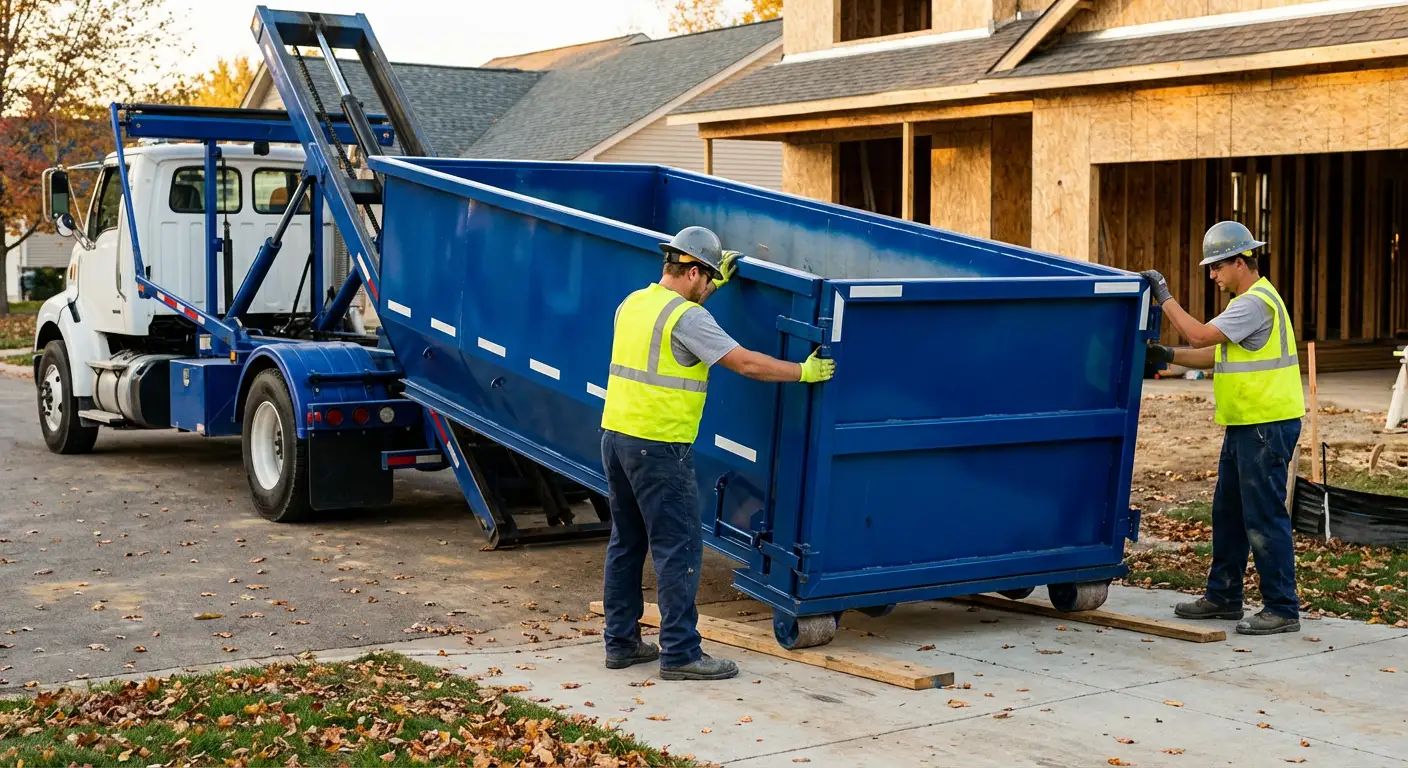 Roll-off dumpster delivery truck in residential area in Niceville, FL